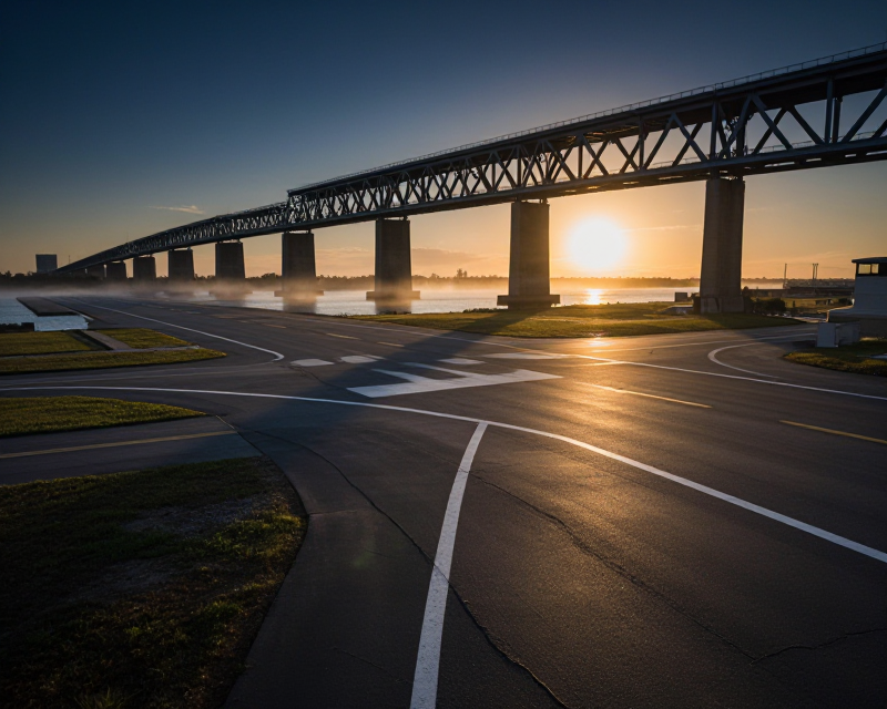 Cinematic view of an airport runway and a large bridge